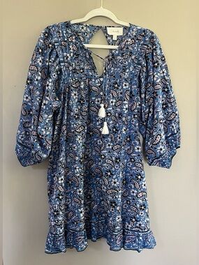Cleobella Cora Mini Peasant Dress in Blue/White Paisley Print size small